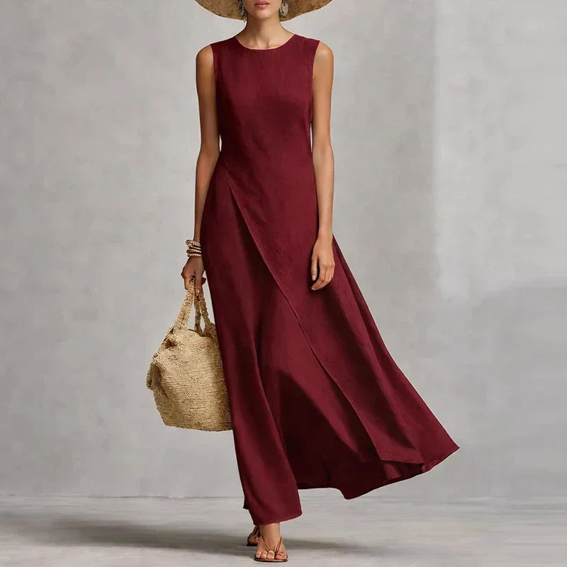 Women's Linen Maxi Dress Asymmetrical Hem Sleeveless Crew Neck Beach Casual