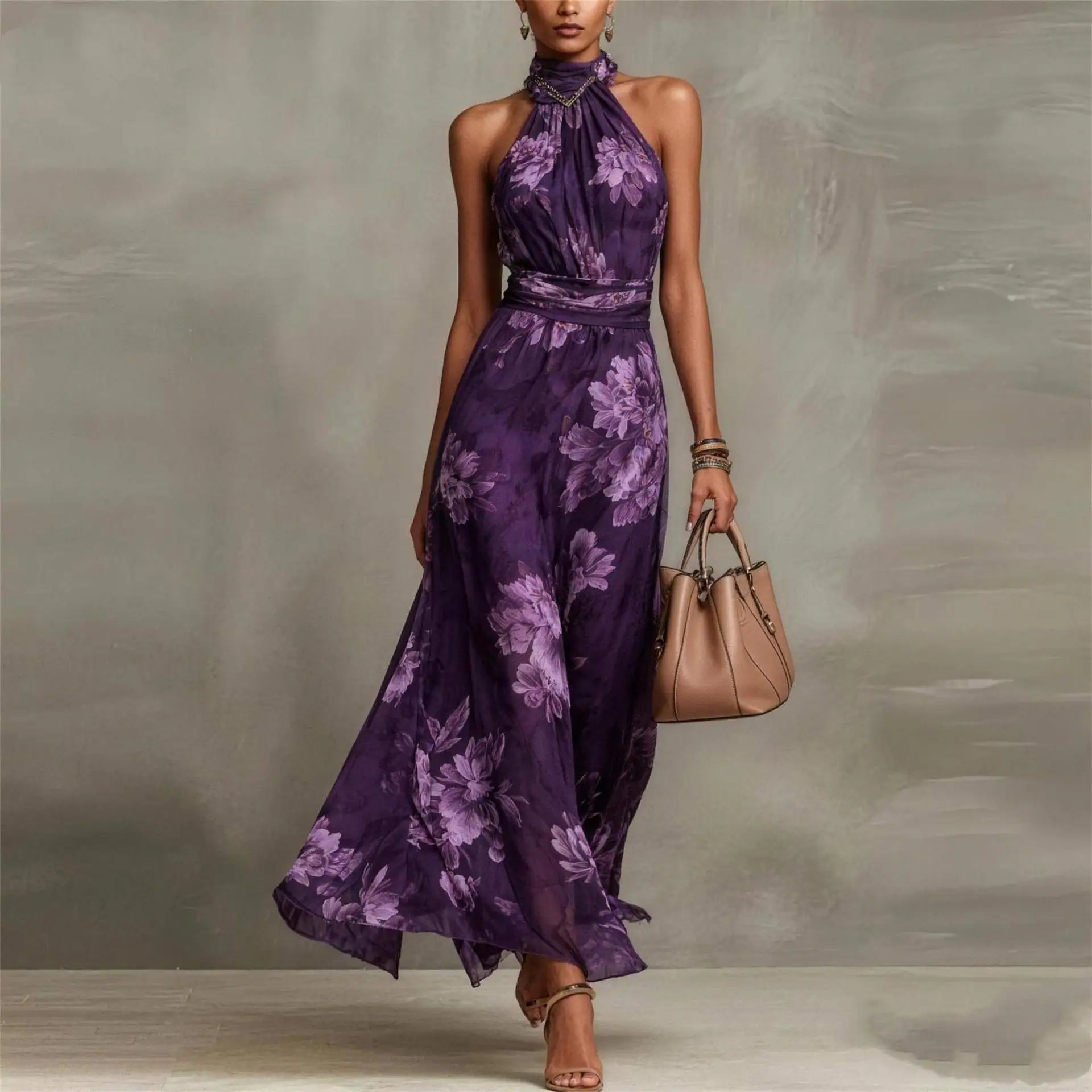 Women's Maxi Dress Floral Print Sleeveless V-Neck Wedding Guest Outfit