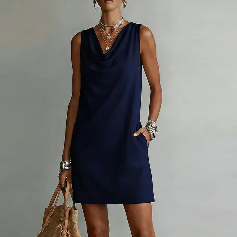 Women's Cowl Neck Mini Dress Sleeveless Pockets Casual Shift Dress