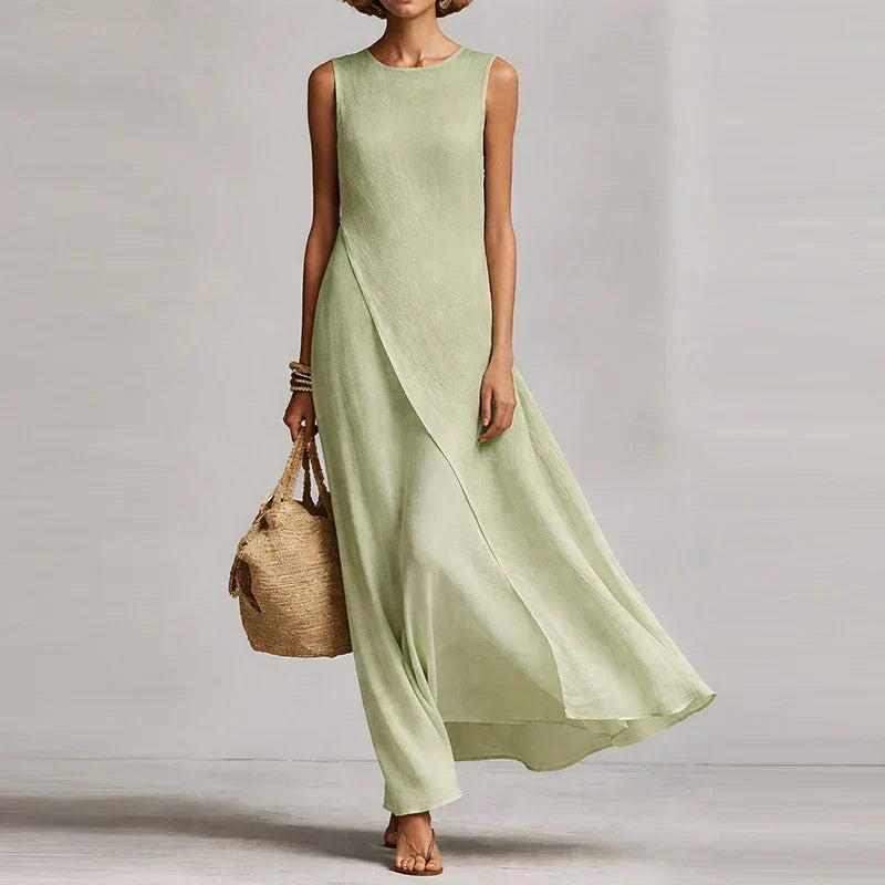 Women's Linen Maxi Dress Asymmetrical Hem Sleeveless Crew Neck Beach Casual