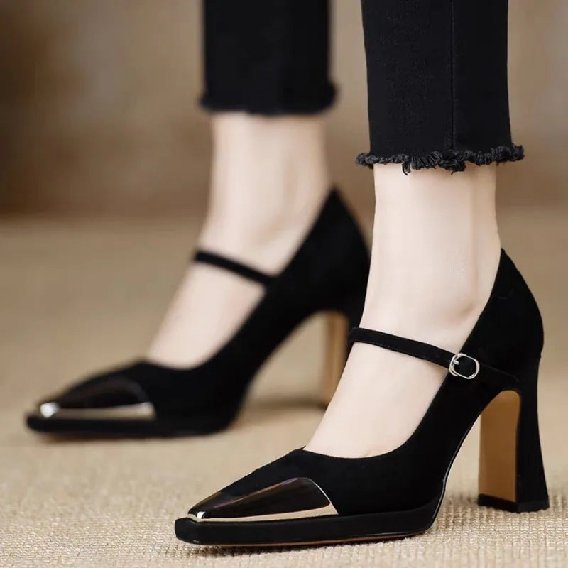Serena | Women's Mary Jane High Heel Pumps Cap Toe Block Heel Strap