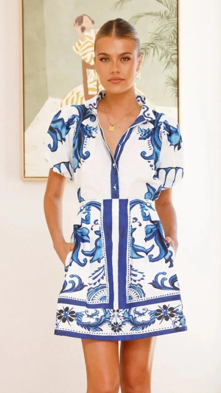 Isla | Women's Floral Print Puff Sleeve Mini Shirt Dress
