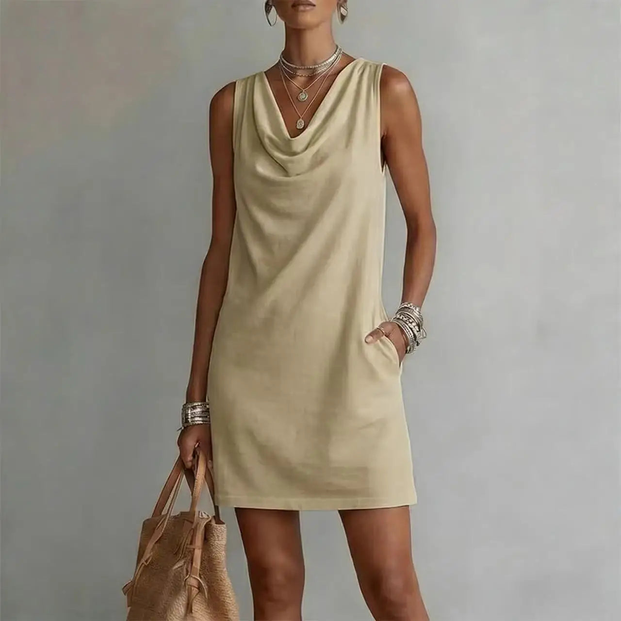 Women's Cowl Neck Mini Dress Sleeveless Pockets Casual Shift Dress