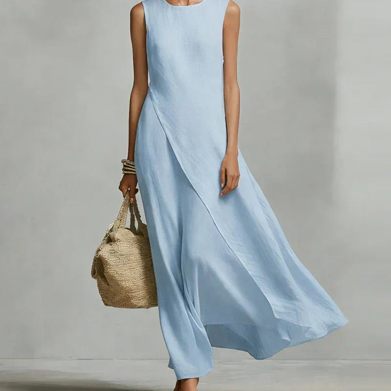Women's Linen Maxi Dress Asymmetrical Hem Sleeveless Crew Neck Beach Casual