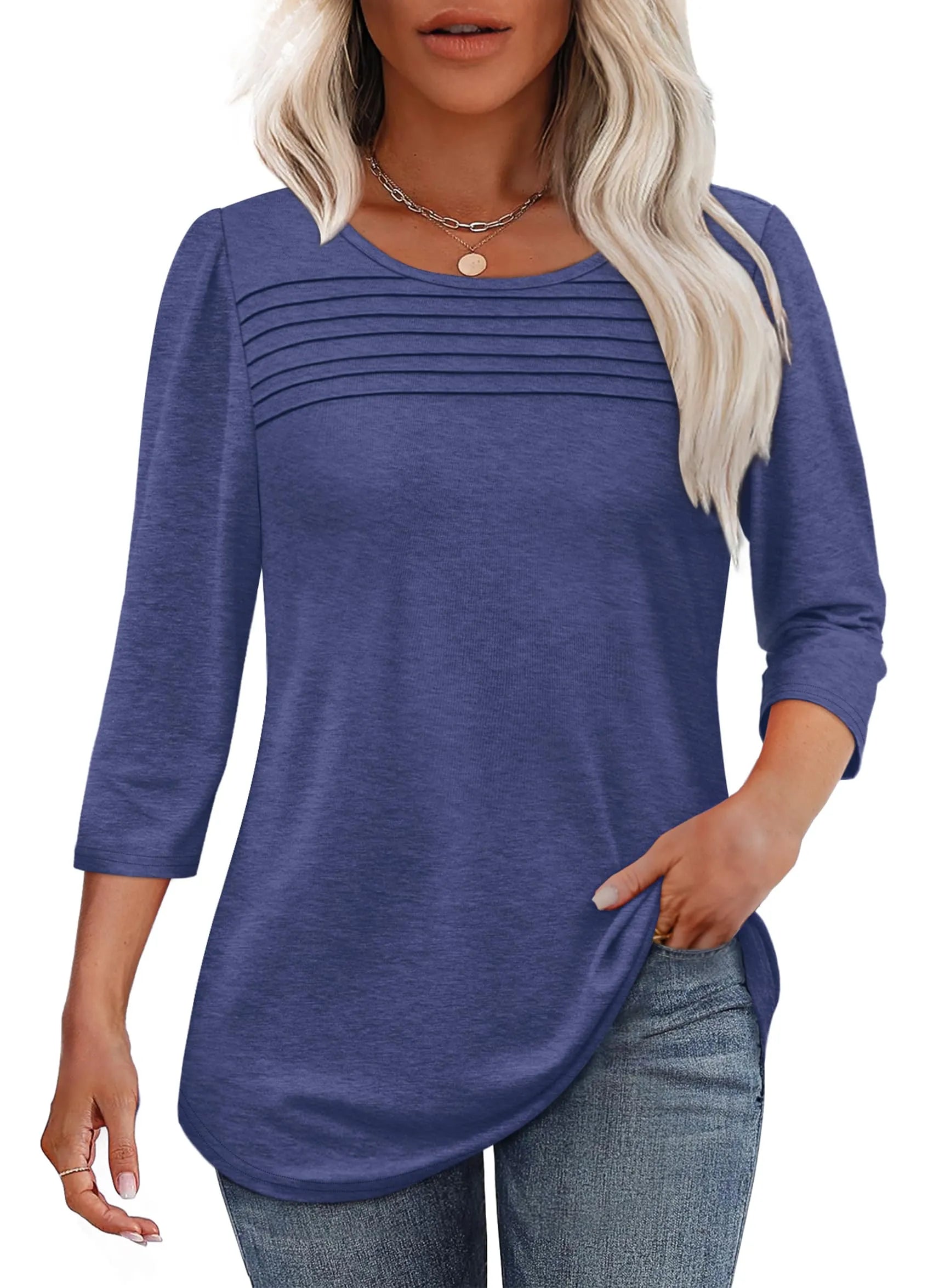 Lena | Women's Crew Neck 3/4 Sleeve Pleated Chest Top