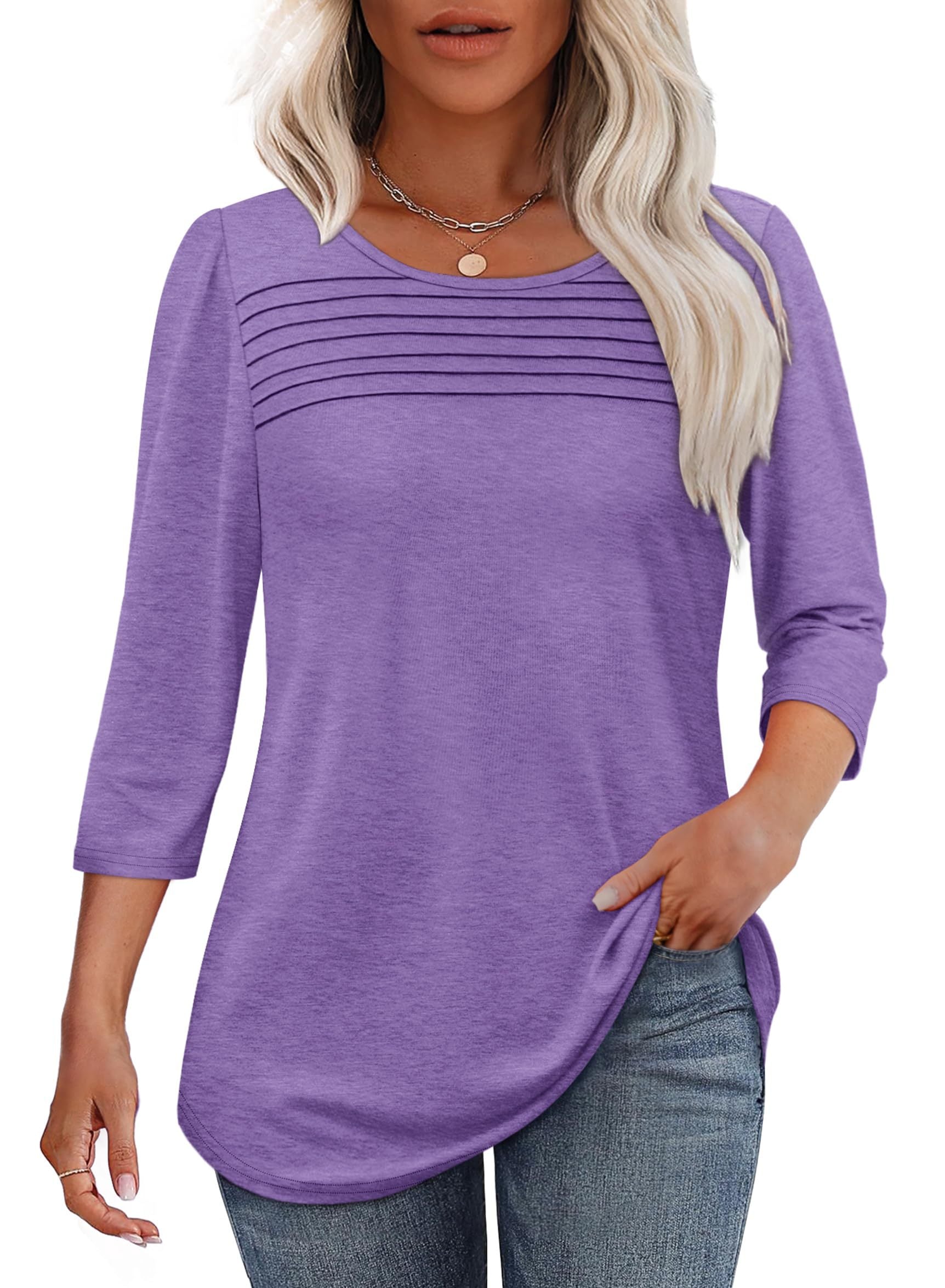 Lena | Women's Crew Neck 3/4 Sleeve Pleated Chest Top