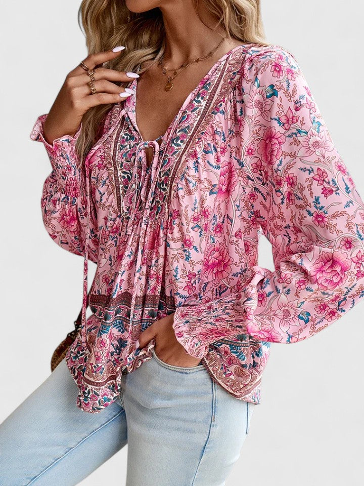 Sienna | Women's Floral Boho Blouse V-Neck Puff Sleeve Top