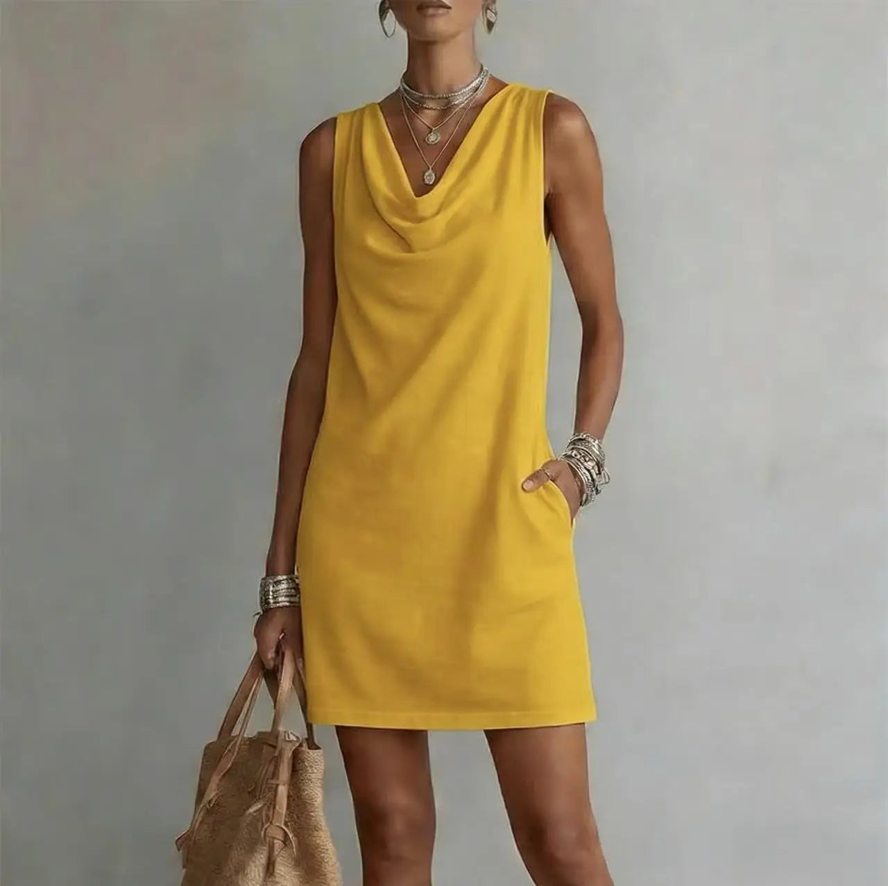 Women's Cowl Neck Mini Dress Sleeveless Pockets Casual Shift Dress