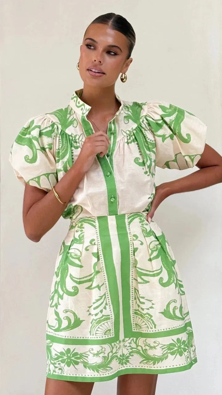 Isla | Women's Floral Print Puff Sleeve Mini Shirt Dress