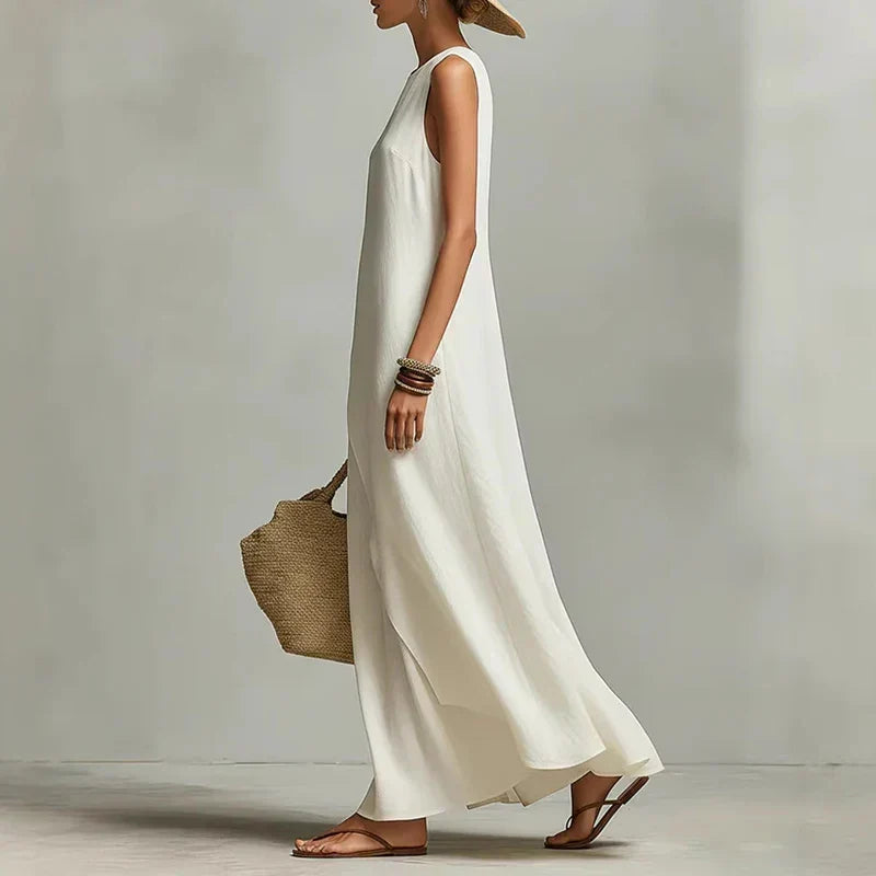 Women's Linen Maxi Dress Asymmetrical Hem Sleeveless Crew Neck Beach Casual