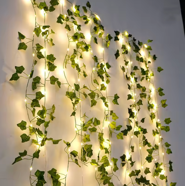 Battery-Powered Vine Fairy Lights – Green Leaf Garland with Warm LED Glow
