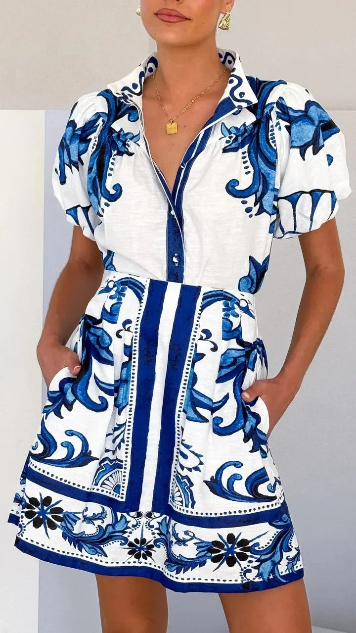 Isla | Women's Floral Print Puff Sleeve Mini Shirt Dress
