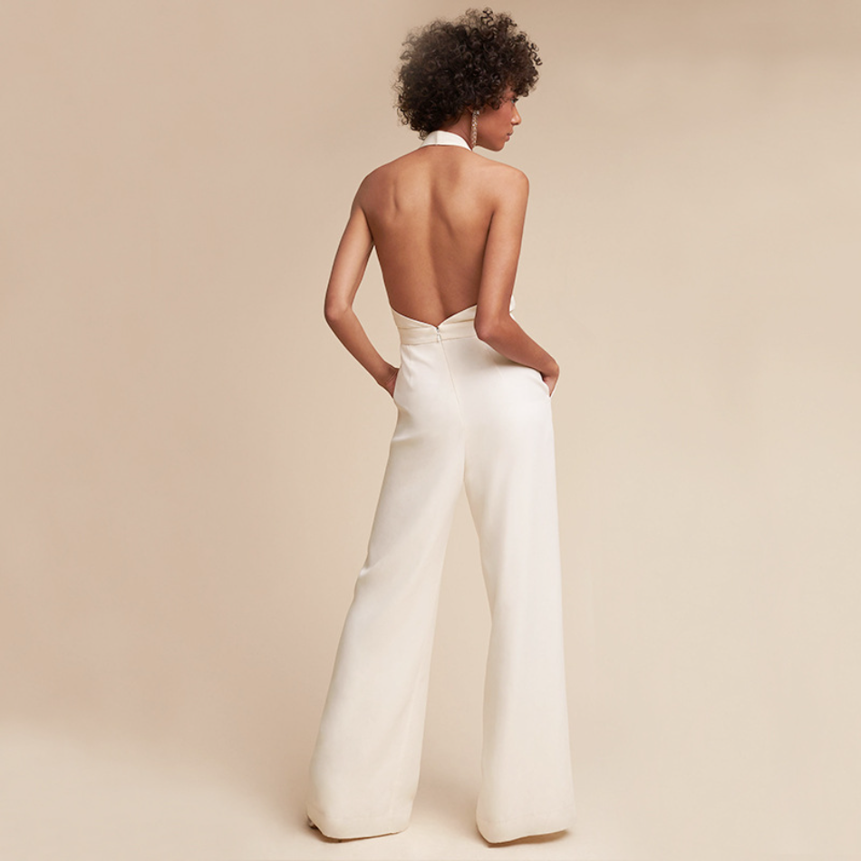 Fiona | Women's Halter Neck Wide Leg Jumpsuit Deep V Formal