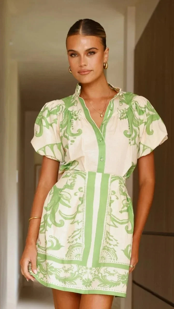 Isla | Women's Floral Print Puff Sleeve Mini Shirt Dress