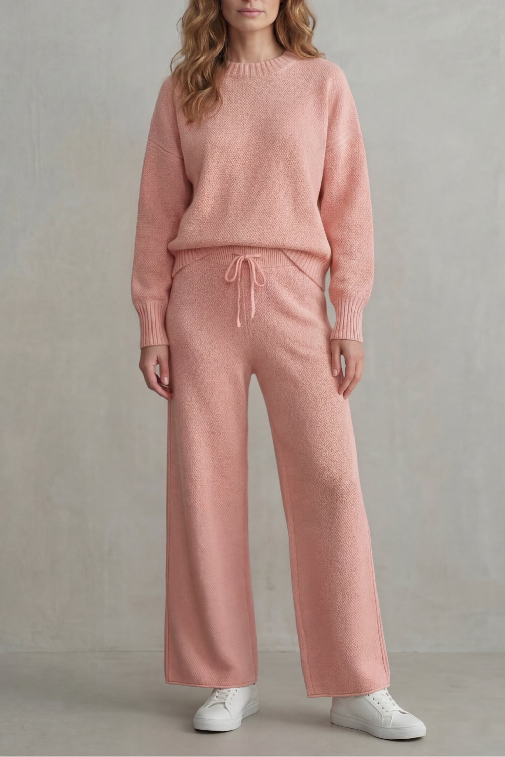 Women's Textured Knit Lounge Set Crew Neck Sweater Wide Leg Pants