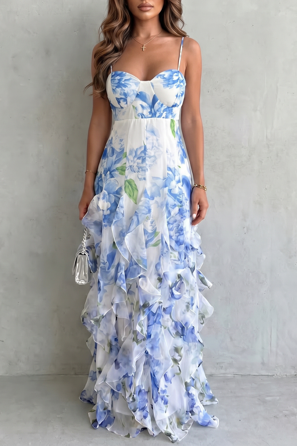 Women's Floral Ruffle Maxi Dress Sweetheart Neckline Open Back Evening
