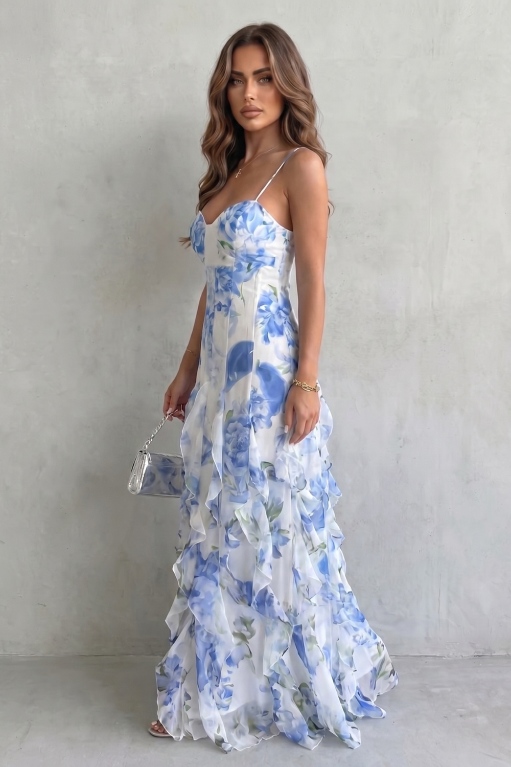 Women's Floral Ruffle Maxi Dress Sweetheart Neckline Open Back Evening