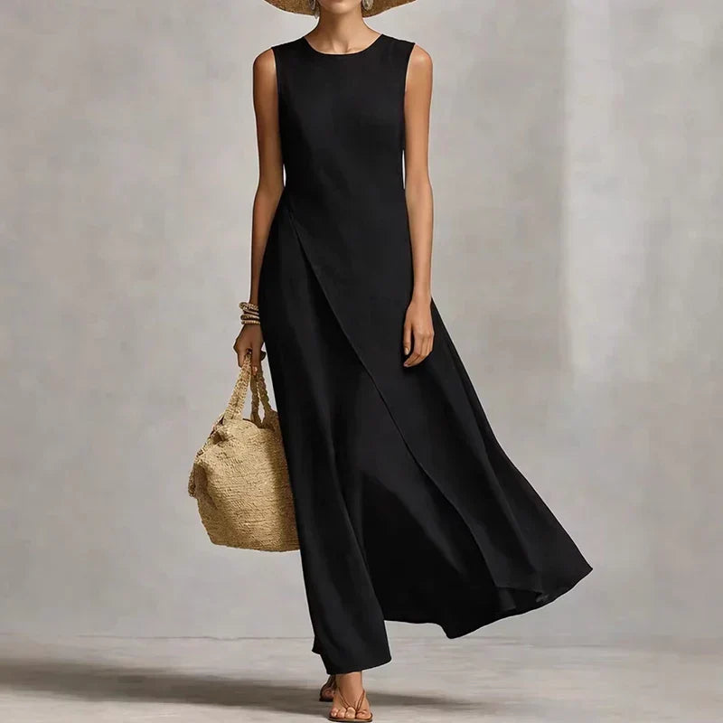 Women's Linen Maxi Dress Asymmetrical Hem Sleeveless Crew Neck Beach Casual