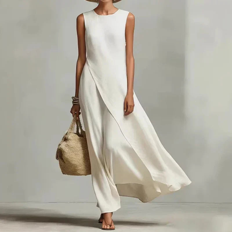 Women's Linen Maxi Dress Asymmetrical Hem Sleeveless Crew Neck Beach Casual