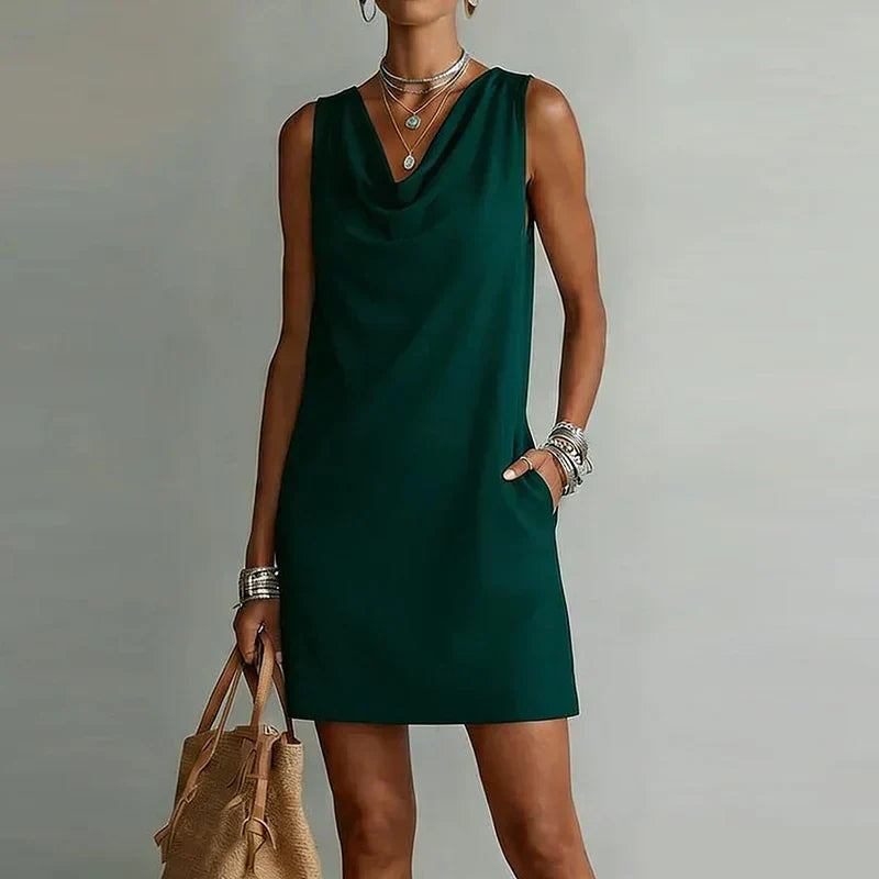 Women's Cowl Neck Mini Dress Sleeveless Pockets Casual Shift Dress