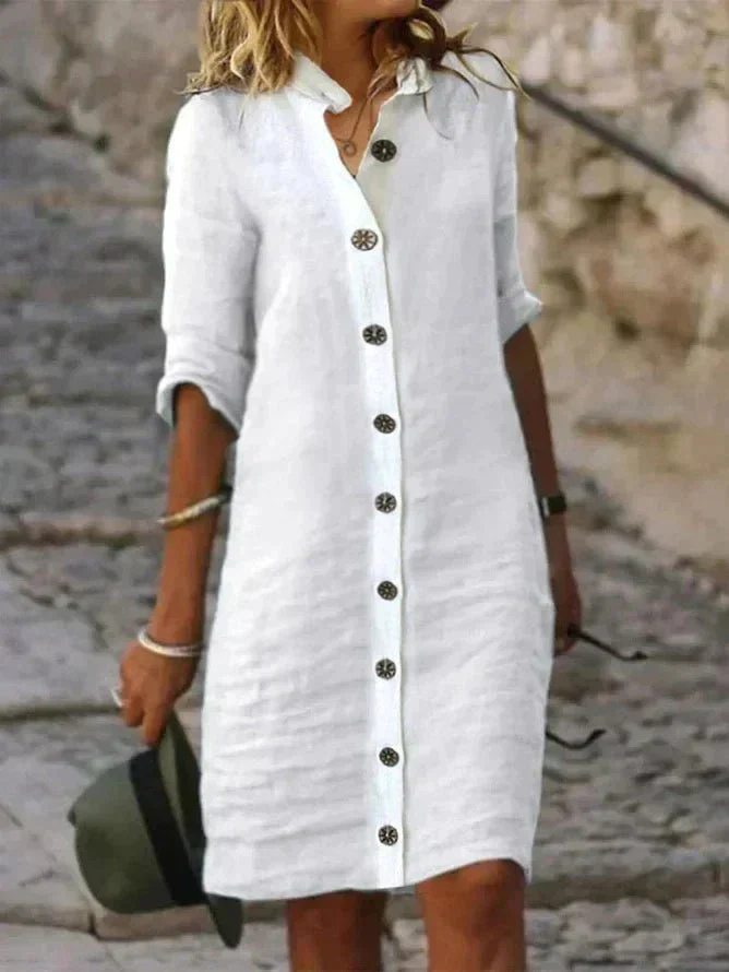 Women's Button-Down Shirt Dress Collared Linen Casual