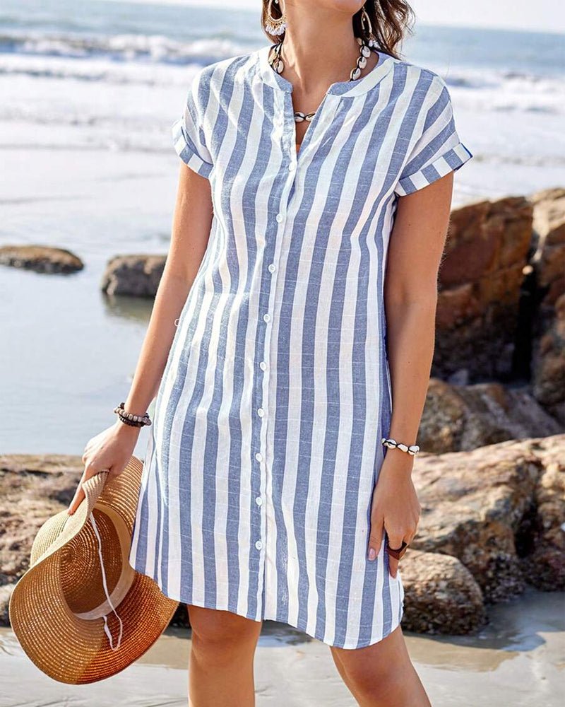 Women's Striped Shirt Dress Button-Up Short Sleeve Linen Casual Beach