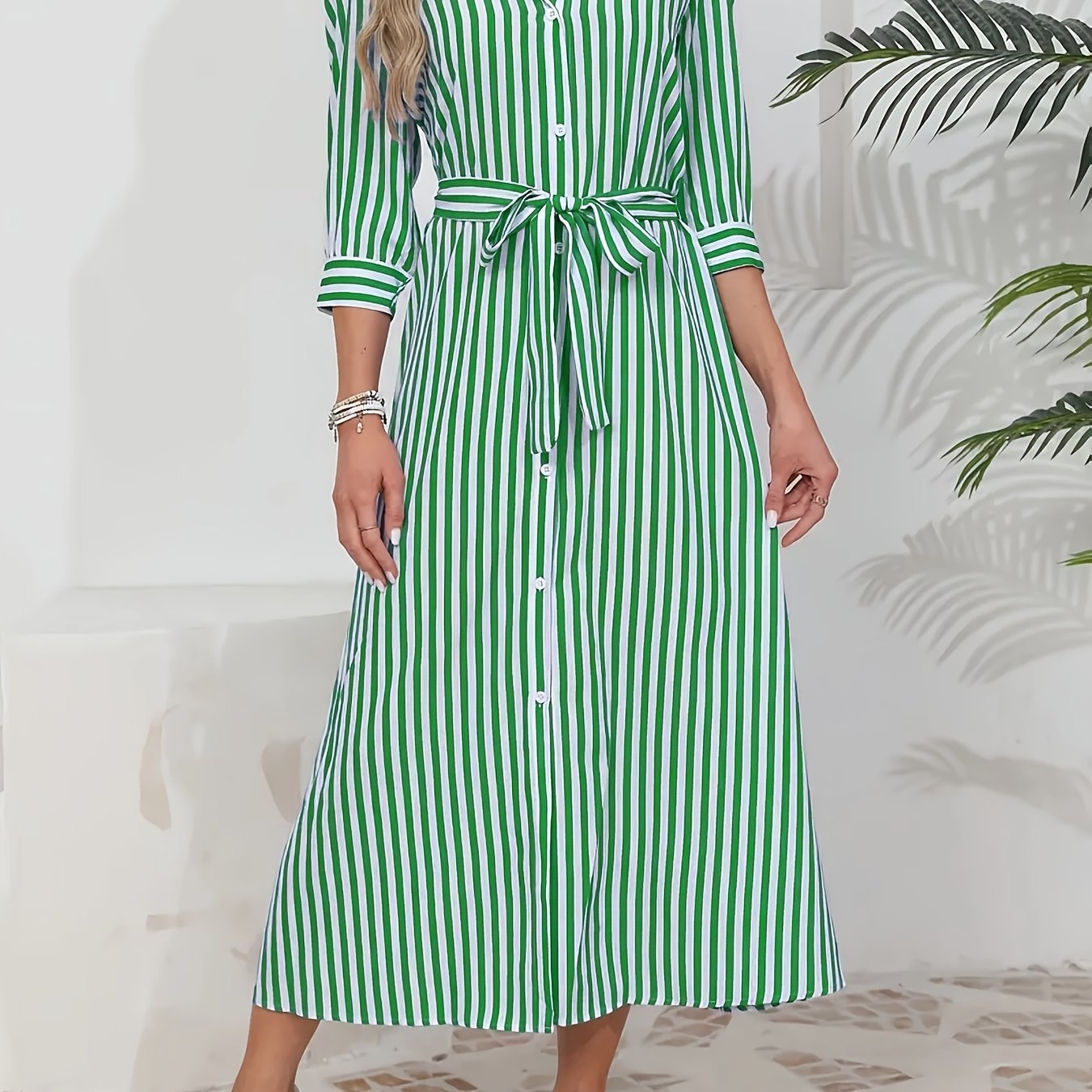 Women's Striped Shirt Midi Dress Belted Tie Waist V-Neck Casual Button Front