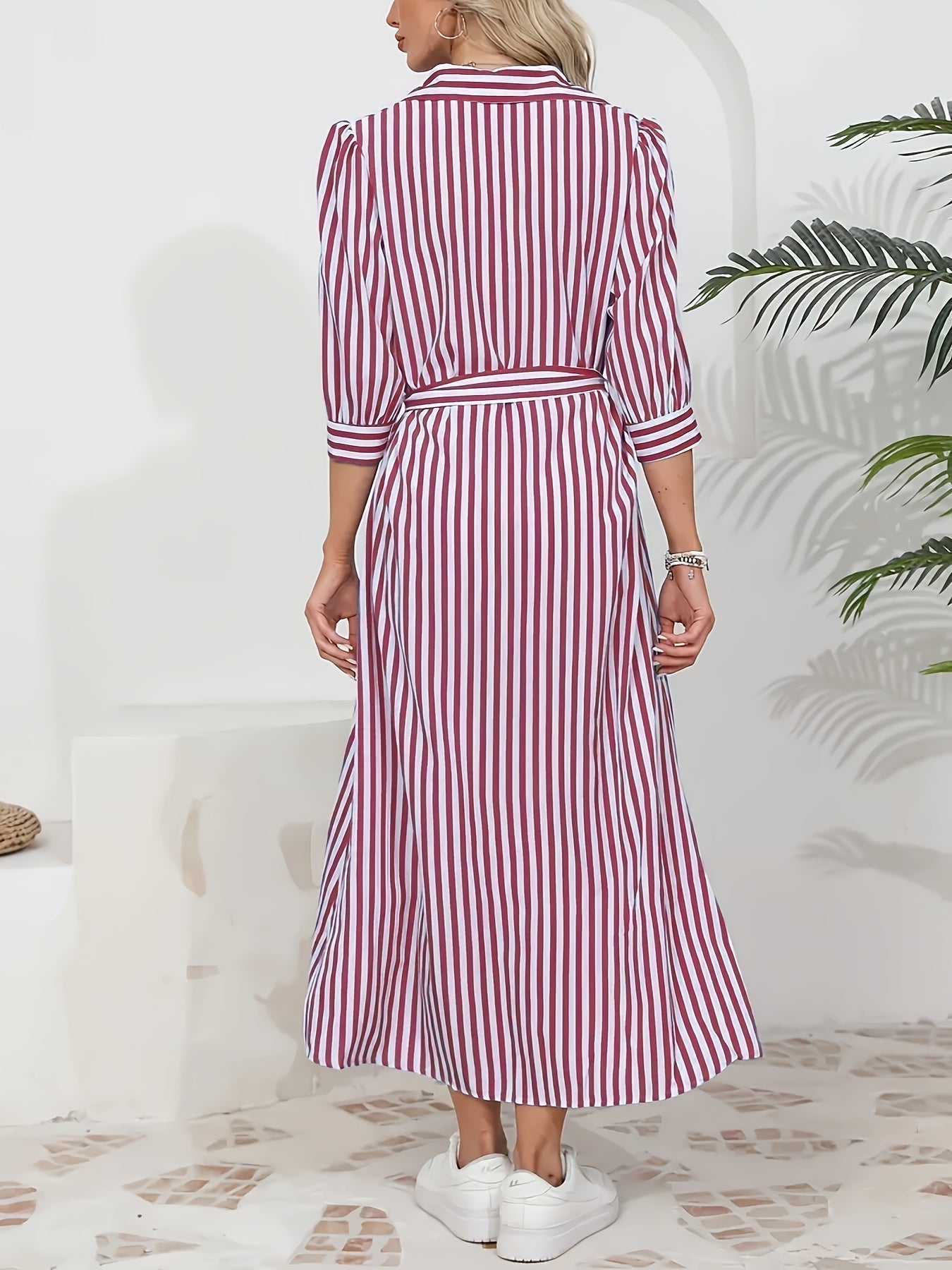 Women's Striped Shirt Midi Dress Belted Tie Waist V-Neck Casual Button Front
