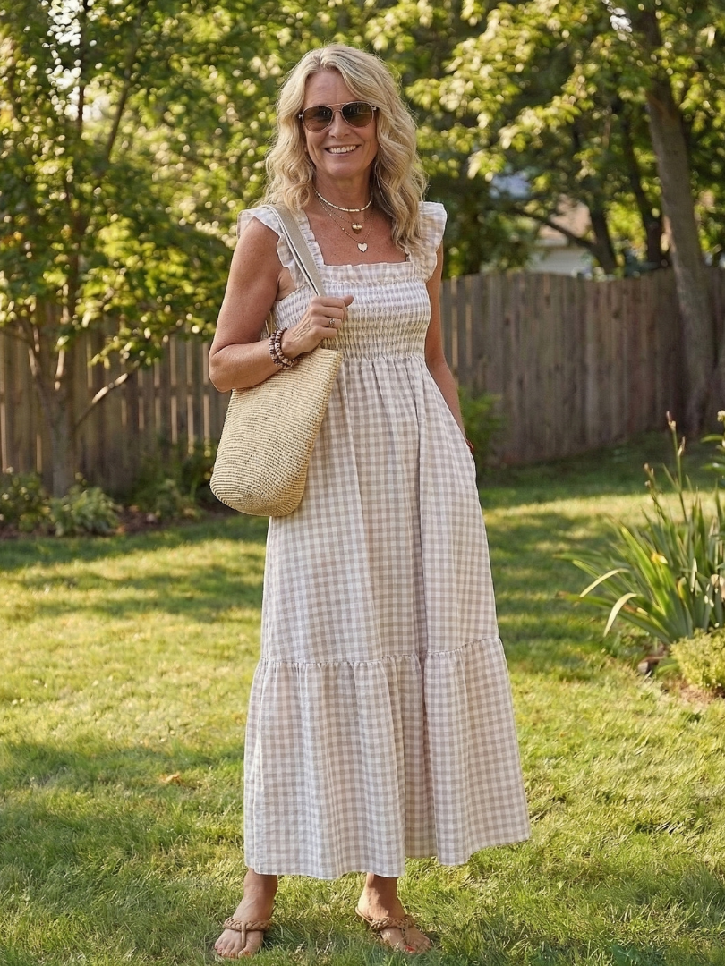 Women's Gingham Maxi Dress Flutter Sleeve Smocked Tiered Summer Beach