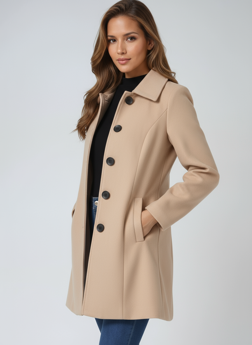 Women's Wool Single Breasted Coat Pointed Collar Mid Length Fall Coat