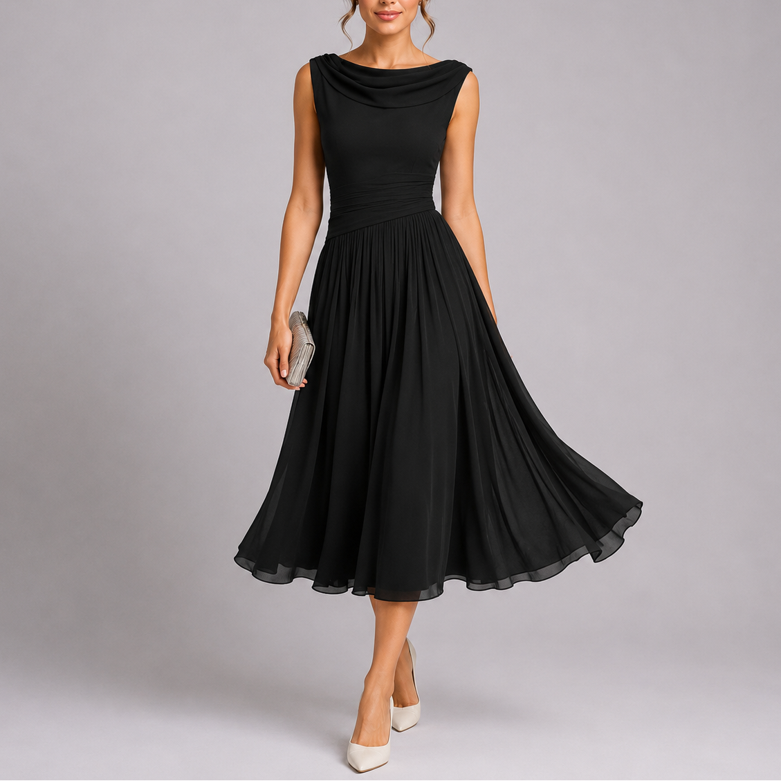 Women's Pleated Midi Dress Cowl Neck Sleeveless A-Line Party Cocktail