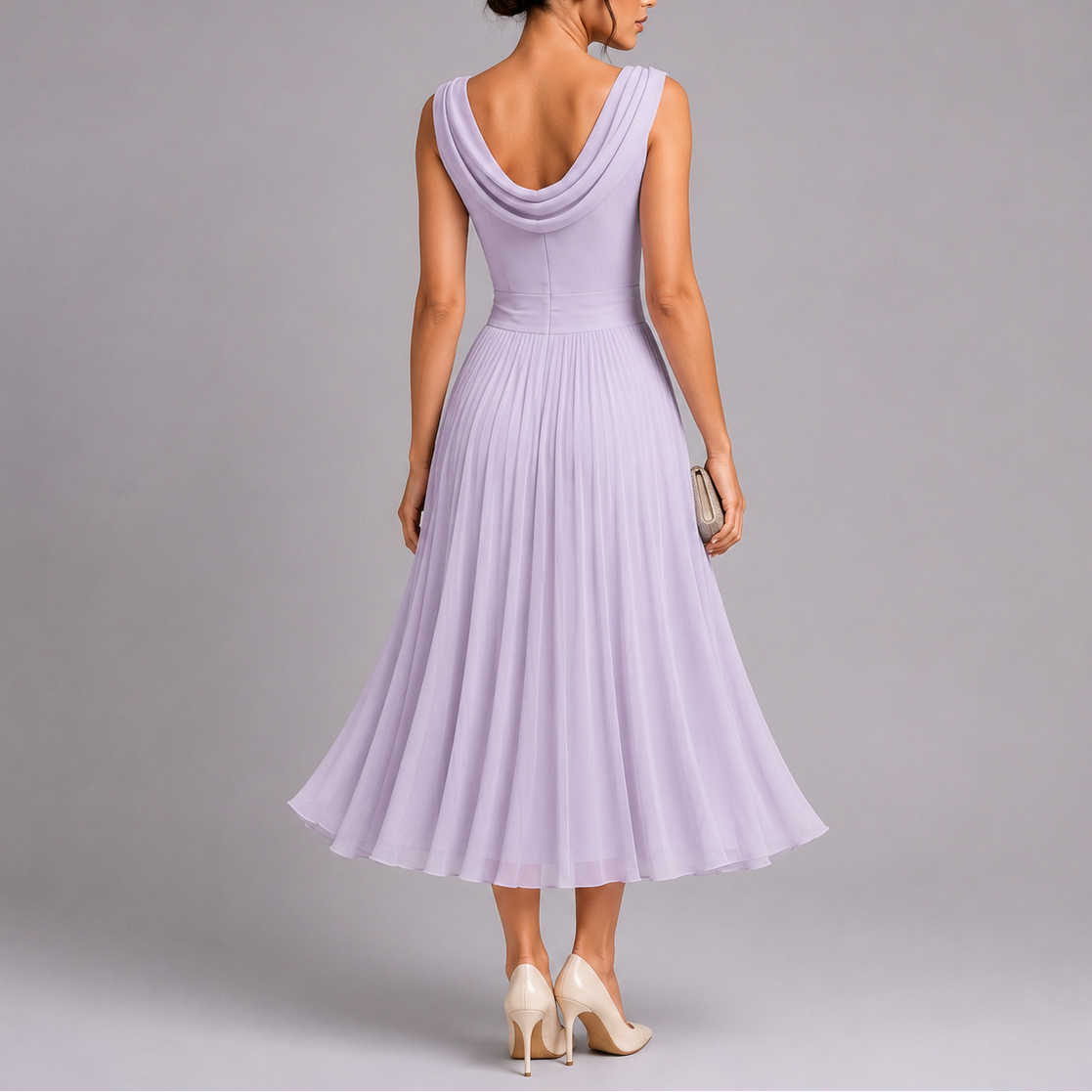 Women's Pleated Midi Dress Cowl Neck Sleeveless A-Line Party Cocktail