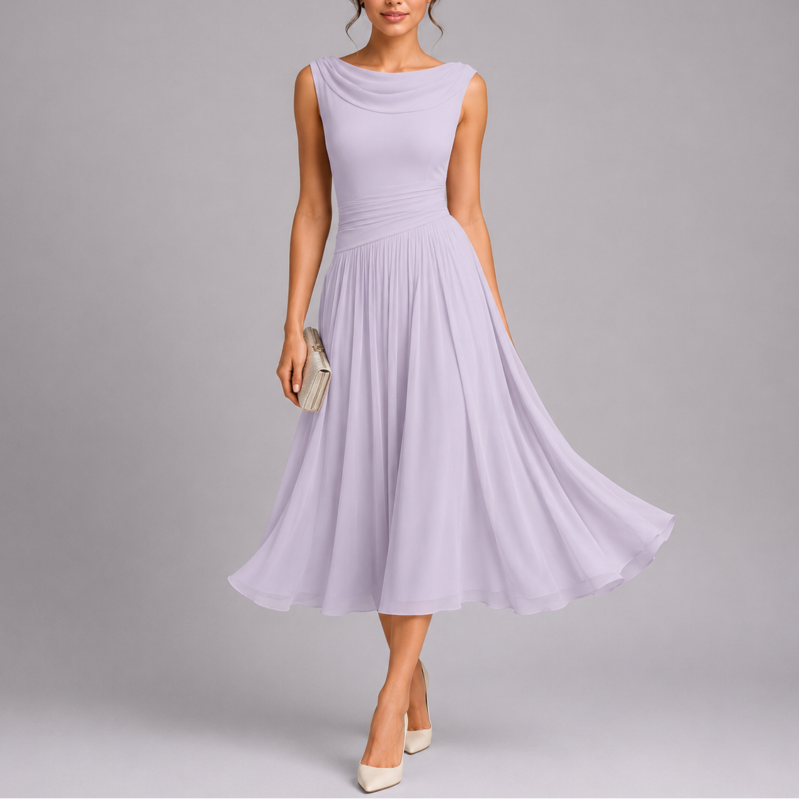 Women's Pleated Midi Dress Cowl Neck Sleeveless A-Line Party Cocktail
