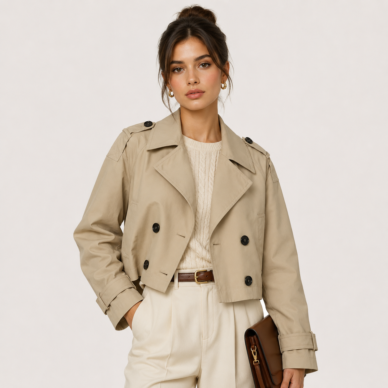 Women's Cropped Trench Jacket Double Breasted Classic Outerwear