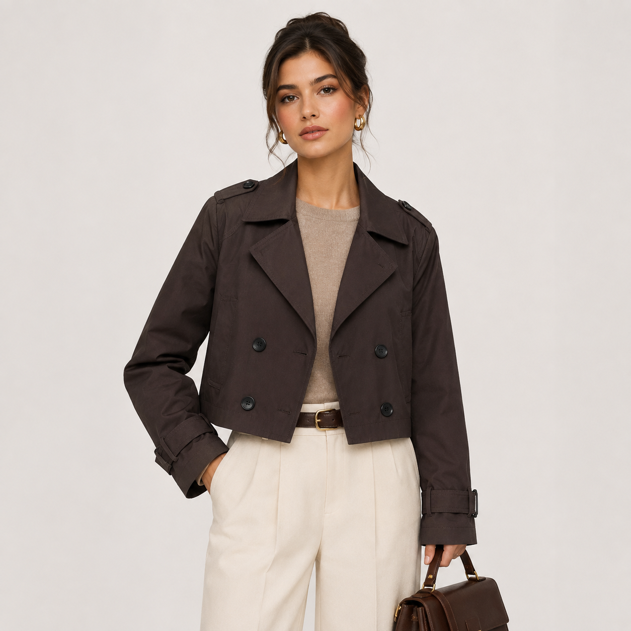 Women's Cropped Trench Jacket Double Breasted Classic Outerwear