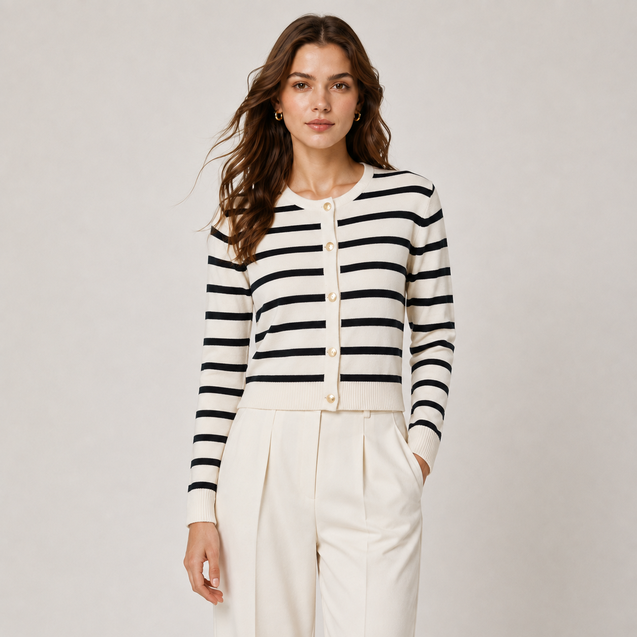 Women's Striped Knit Sweater Long Sleeve Cardigan