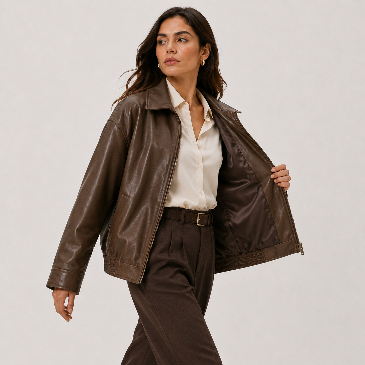 Women's Relaxed Fit Leather Look Jacket with Classic Collar