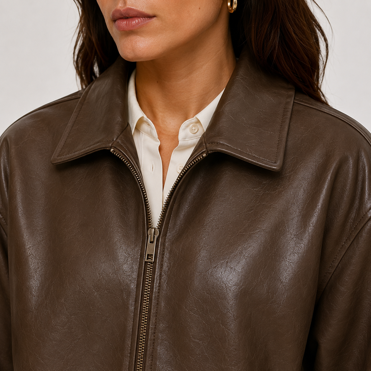 Women's Relaxed Fit Leather Look Jacket with Classic Collar