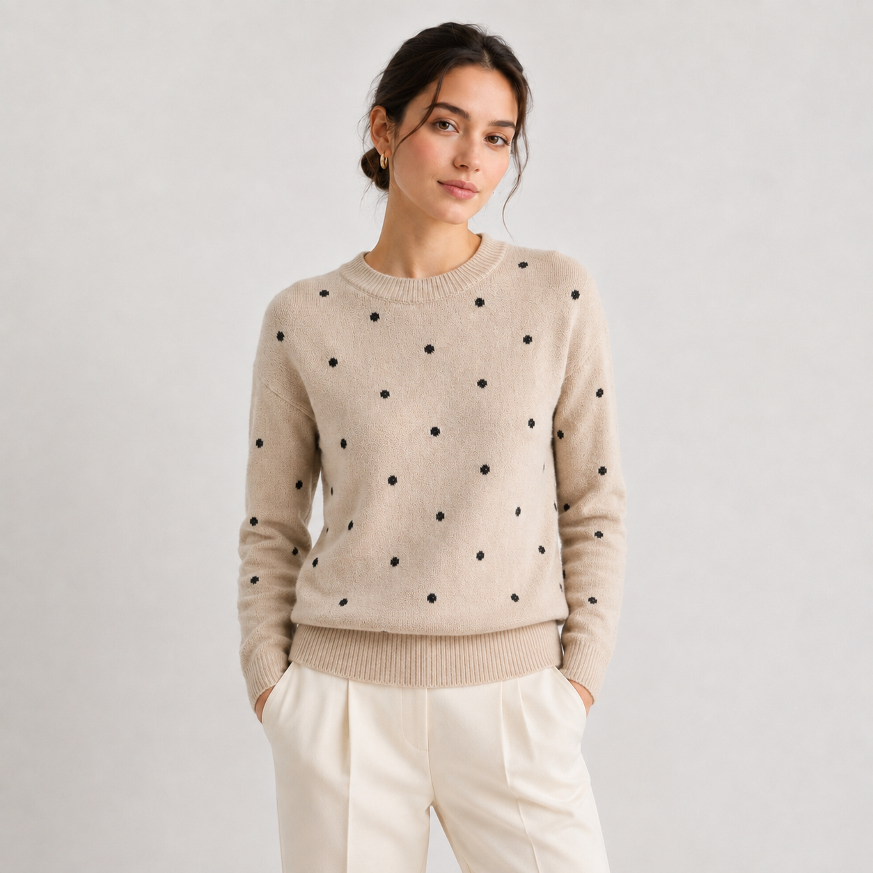 Women's Polka Dot Knit Sweater Lightweight Casual Crew Neck