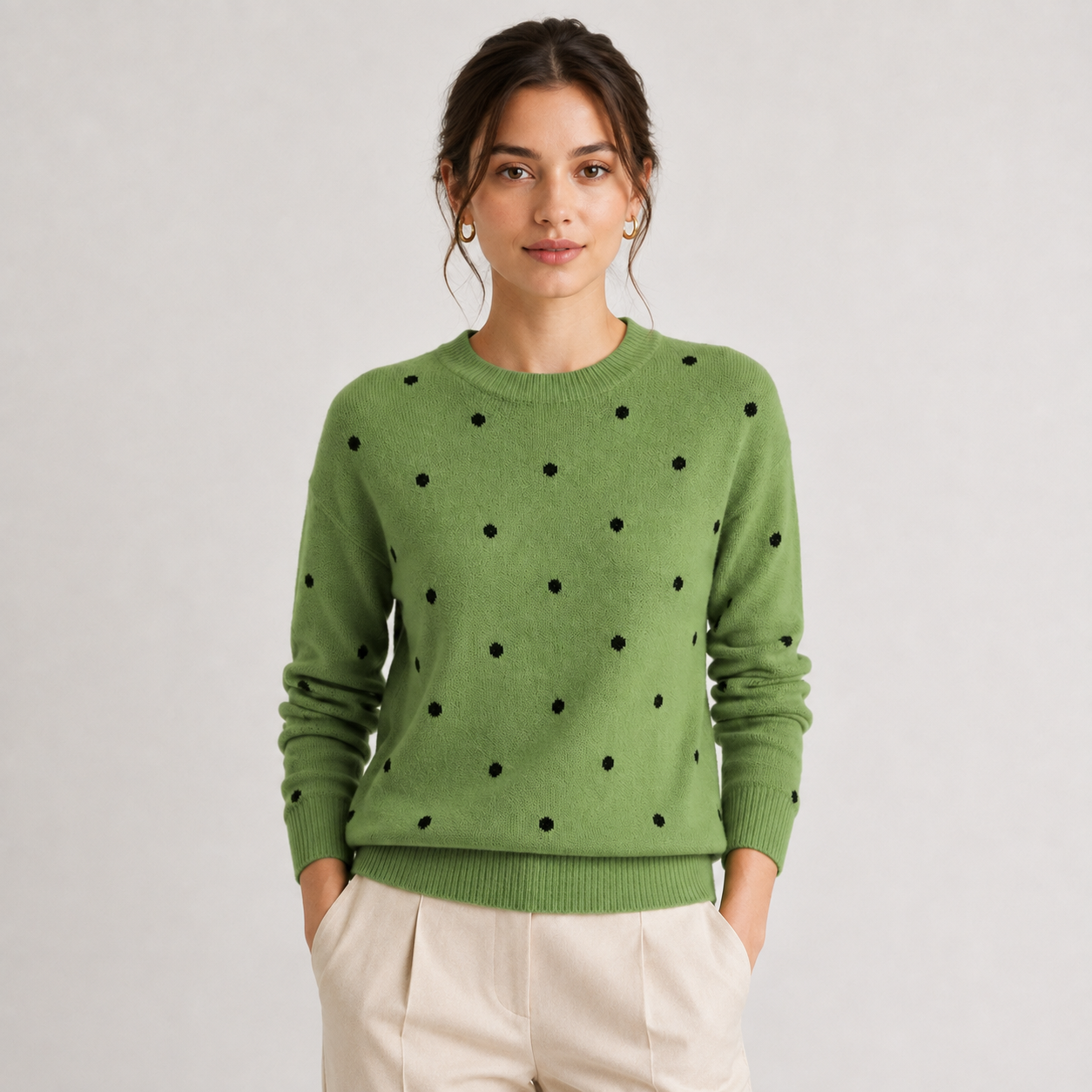 Women's Polka Dot Knit Sweater Lightweight Casual Crew Neck