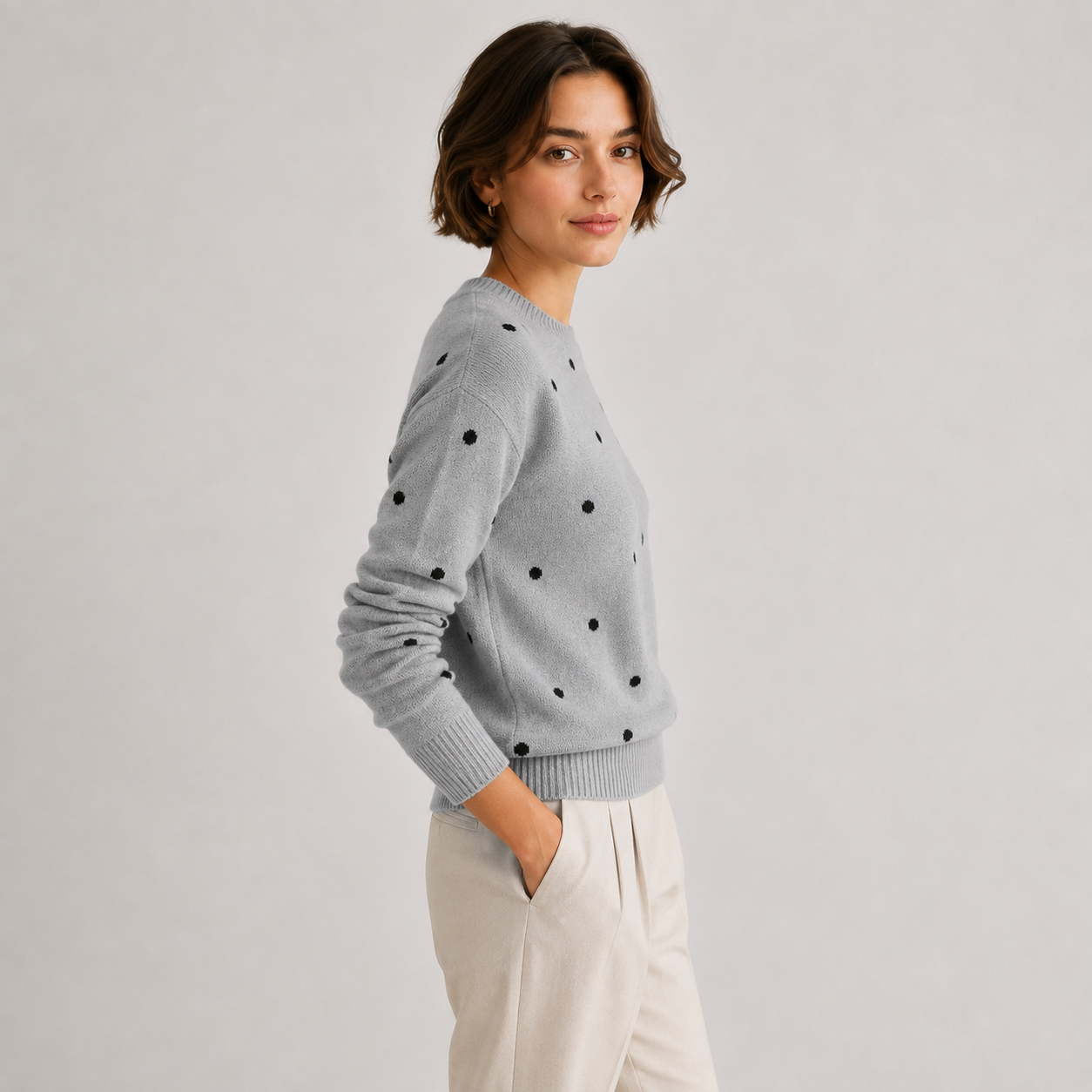 Women's Polka Dot Knit Sweater Lightweight Casual Crew Neck