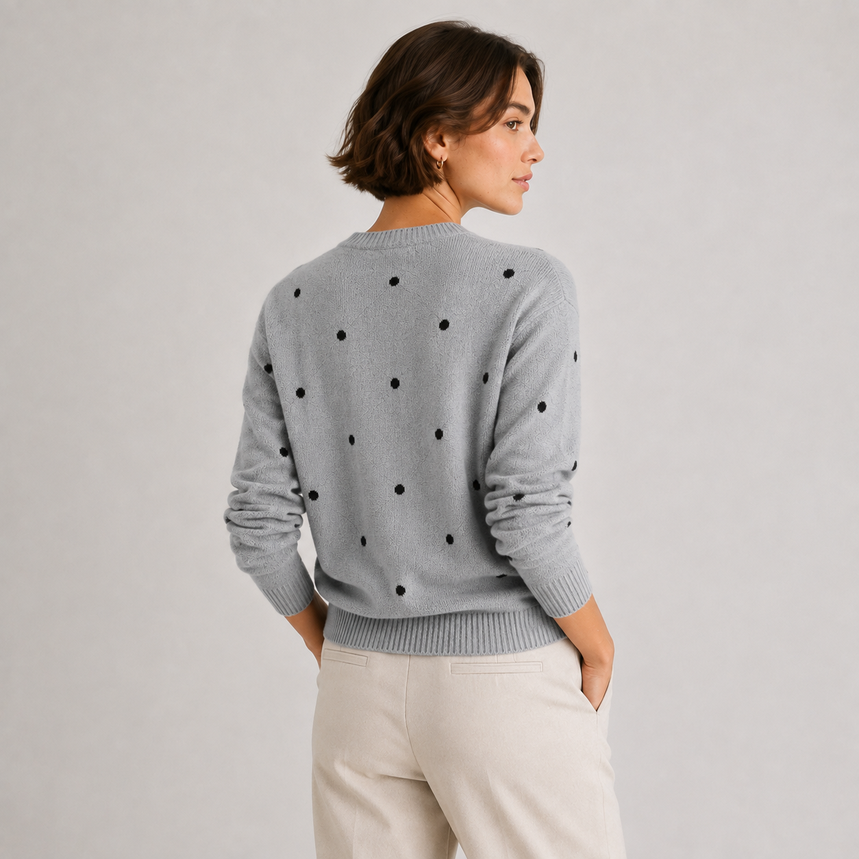 Women's Polka Dot Knit Sweater Lightweight Casual Crew Neck