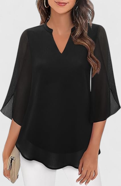 Women's A-Line Blouse V-Neck Shoulder Pleats Lightweight Top