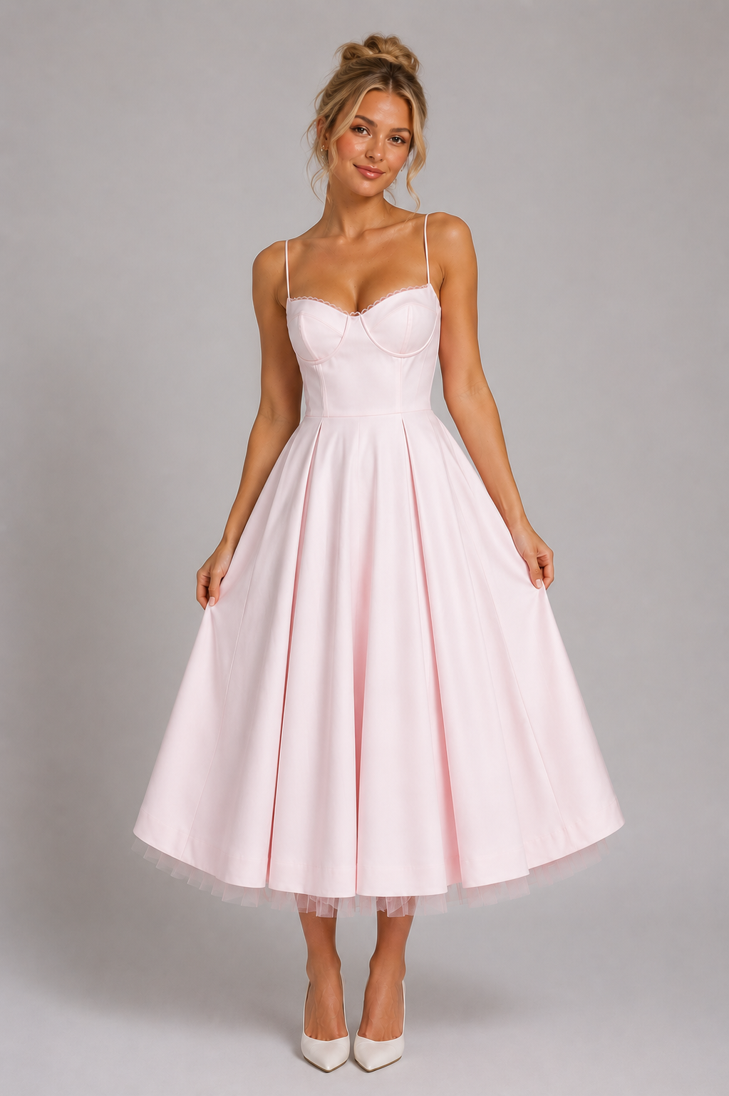 Women's Corset Midi Dress Sweetheart Neckline Full Skirt Tulle Hem Occasion