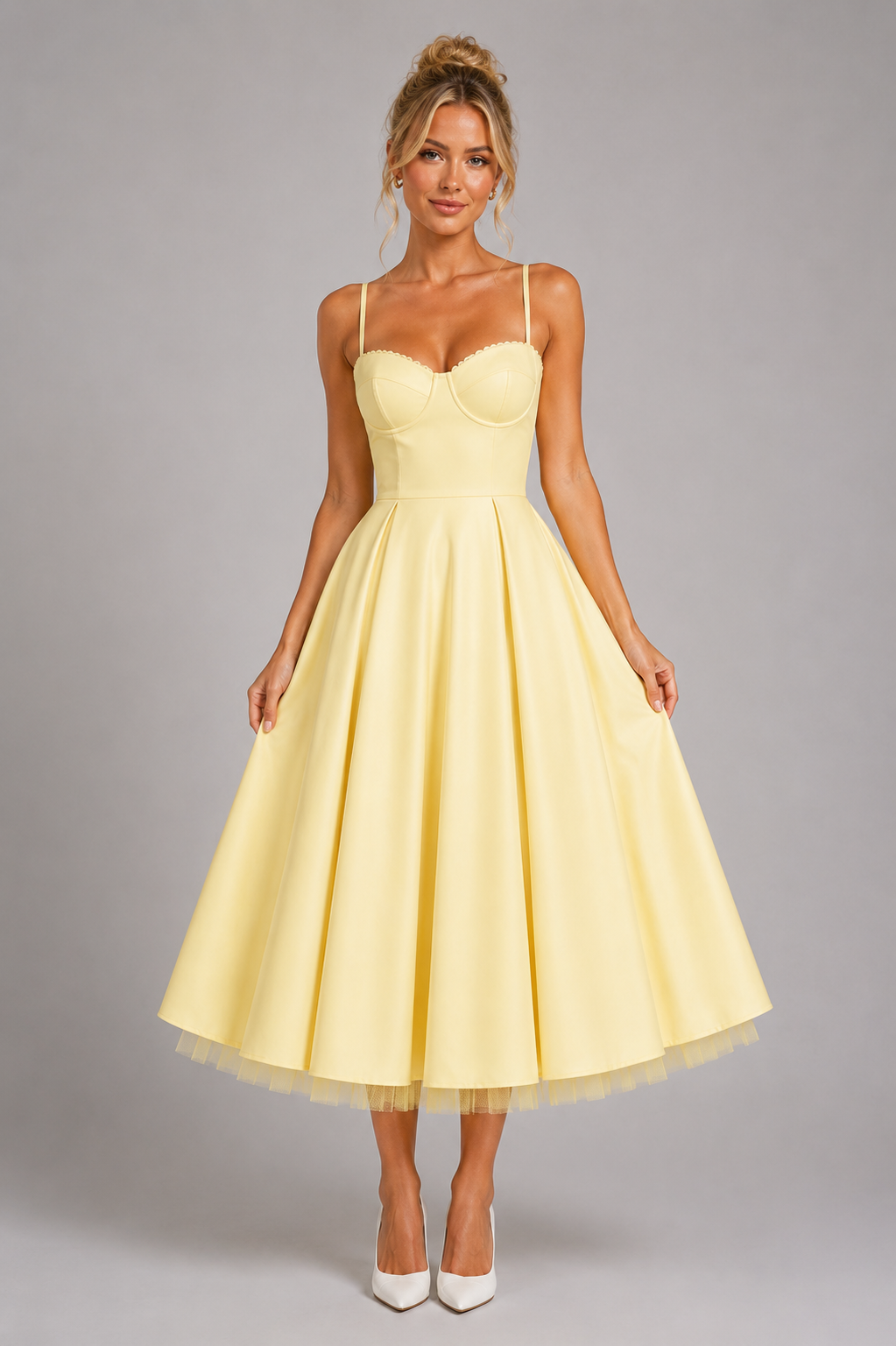 Women's Corset Midi Dress Sweetheart Neckline Full Skirt Tulle Hem Occasion