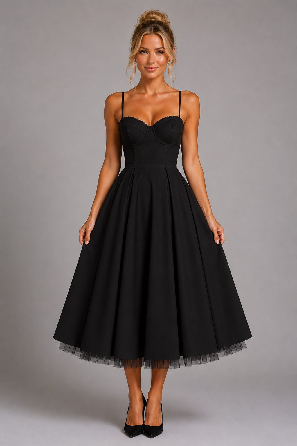 Women's Corset Midi Dress Sweetheart Neckline Full Skirt Tulle Hem Occasion