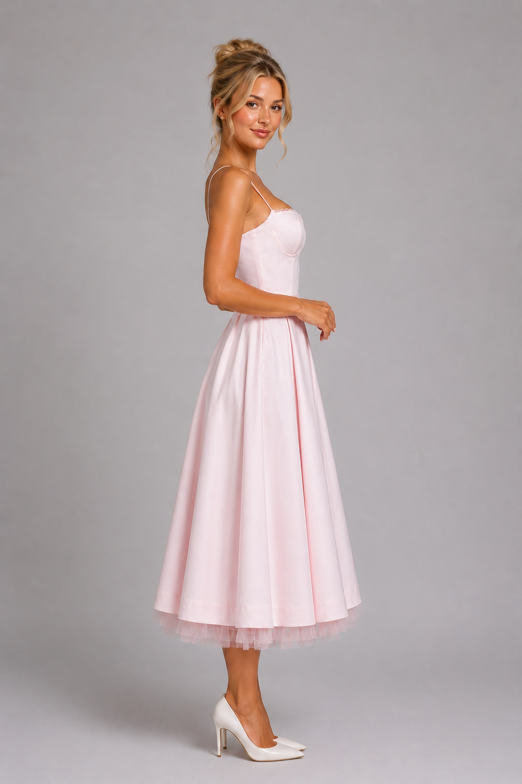 Women's Corset Midi Dress Sweetheart Neckline Full Skirt Tulle Hem Occasion