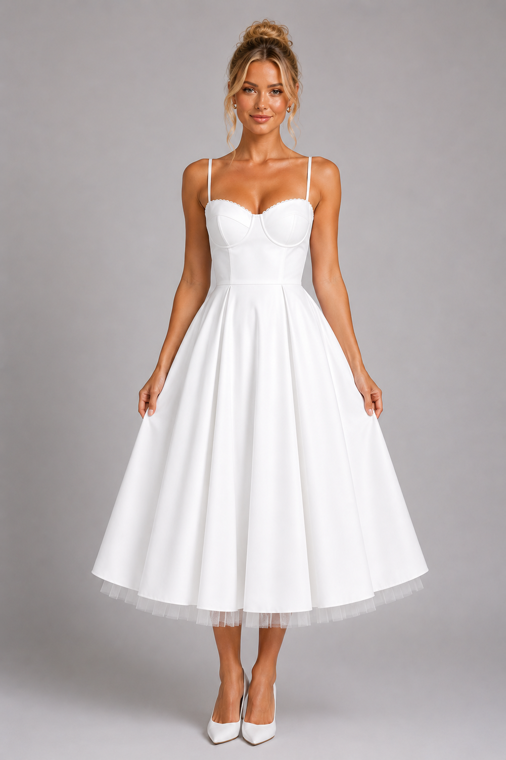 Women's Corset Midi Dress Sweetheart Neckline Full Skirt Tulle Hem Occasion