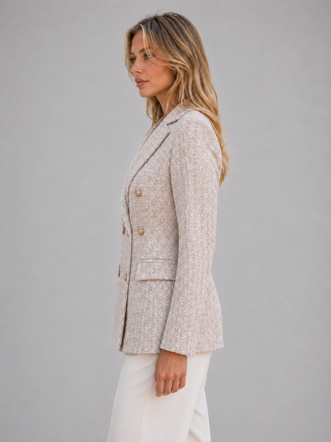 Women's Double Breasted Tweed Blazer Gold Button Tailored Jacket