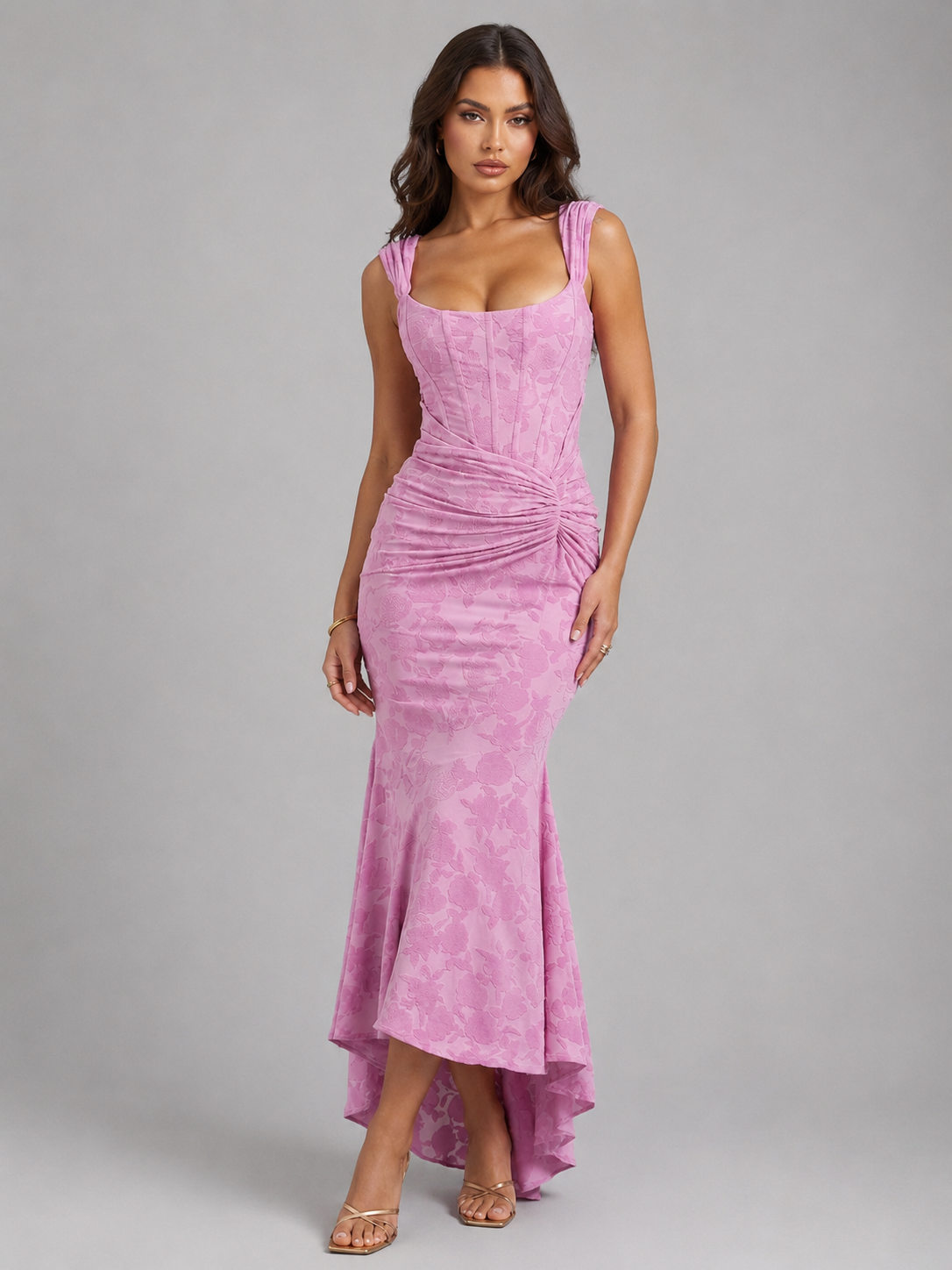 Women's Corset Maxi Dress Floral Square Neck Fishtail Hem Wedding Guest